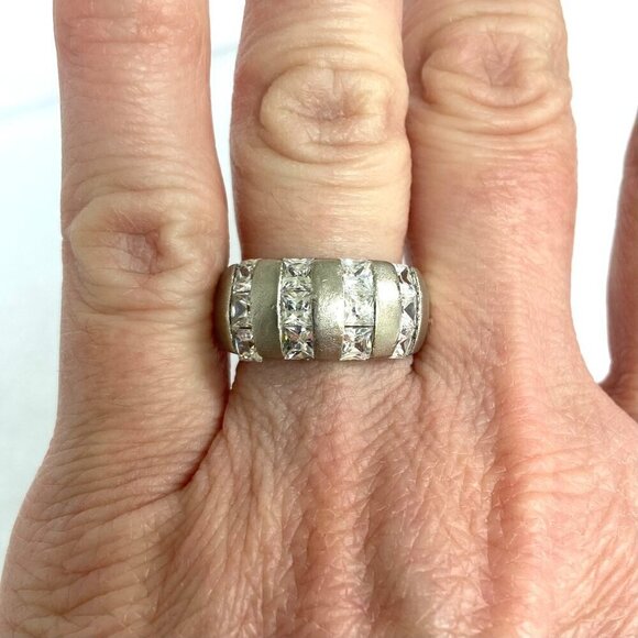 Brushed Sterling Silver 925 Channel Set Cubic Zirconia 4 Row Wide Band Ring Sz 7 - Picture 1 of 16